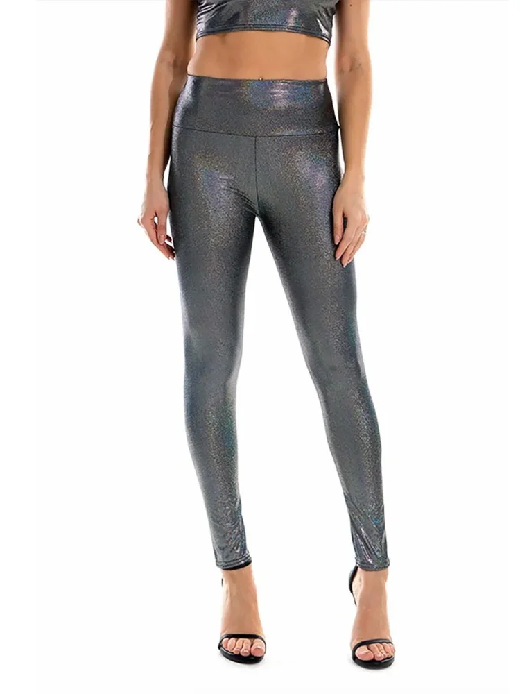 Женские блестящие леггинсы из спандекса металлик с высокой талией, блестящие мокрые жидкие леггинсы, однотонные сексуальные танцевальные брюки Rave Booty, леггинсы-карандаш, S-XXL