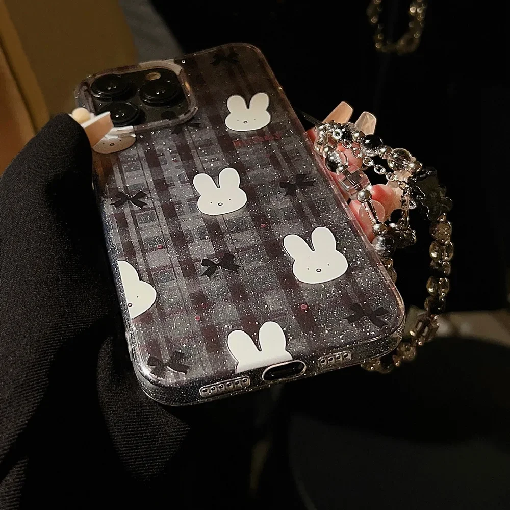 Funny Glitter bunny bow Retro Plaid Bracelet Phone Case For iPhone 17 air 16 15 14 13 12 11 Pro Max Xr Case Cute Cartoon Cover
