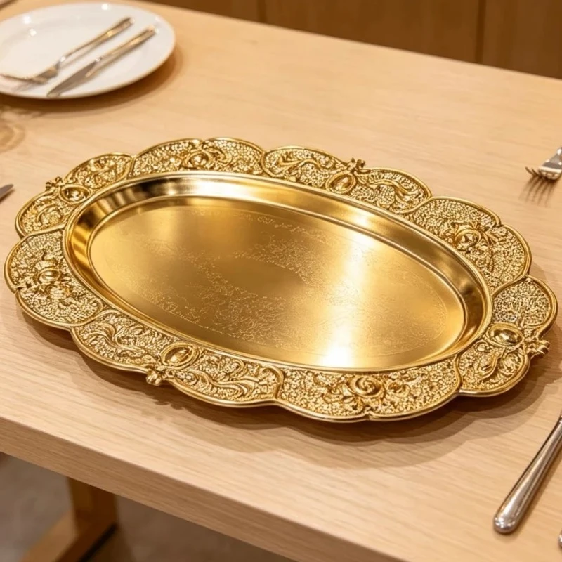 Home Dessert Snack Plate European Oval Fruit Plate, Exquisite Carving Creative Display Metal Cake Tray