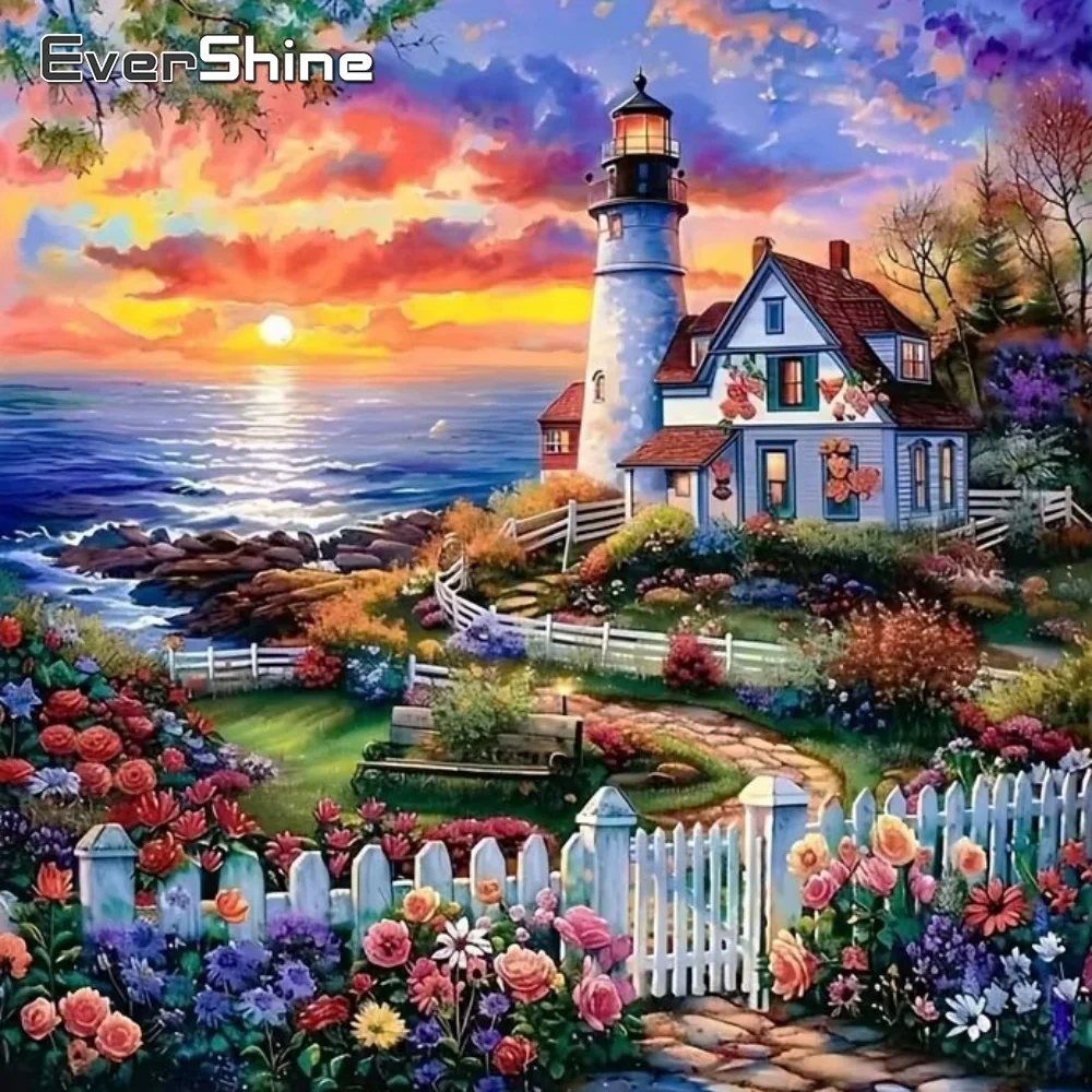 EverShine Diamond Embroidery Lighthouse Painting Seaside Landscape Picture Rhinestones Diamond Mosaic Sunset DIY Child Hobby