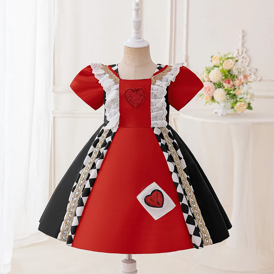 Girl Red Heart Poker Alice Style Dress Kids Checkered Lace Gown Fairy Tale Drama Halloween Red Queen Cosplay Party Costume ASQ03