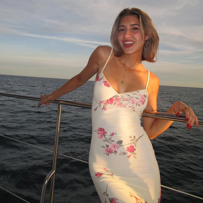 Abito lungo slip sexy bianco Abito lungo aderente floreale con scollo a V Abito da sera estivo per feste 2025 Nuovo arrivo Beach Boho Holiday Abiti femminili