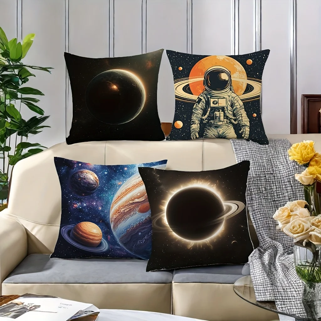 Space Astronaut Throw Pillow Covers, Planet Eclipse Galaxy Print Cushion Cases, Sci-Fi Outer Space Decor for Bedroom Living Room
