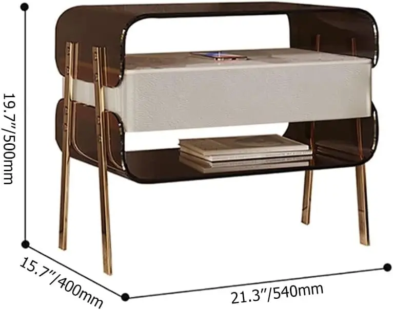 Modern illuminated bedside table with wireless charging station, acrylic shelf, and motion sensor LED smart bedside table