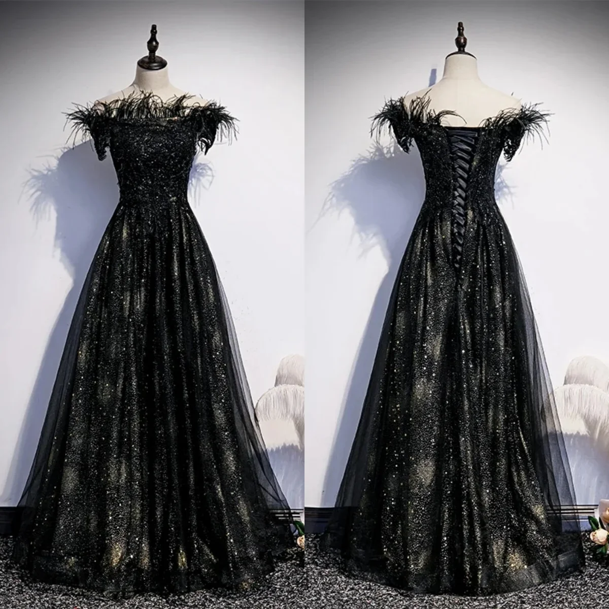 

Evening Dresses New Black Feather Bling Tulle Off the Shoulder Lace up A-line Floor Length Plus size Women Party Formal Gown