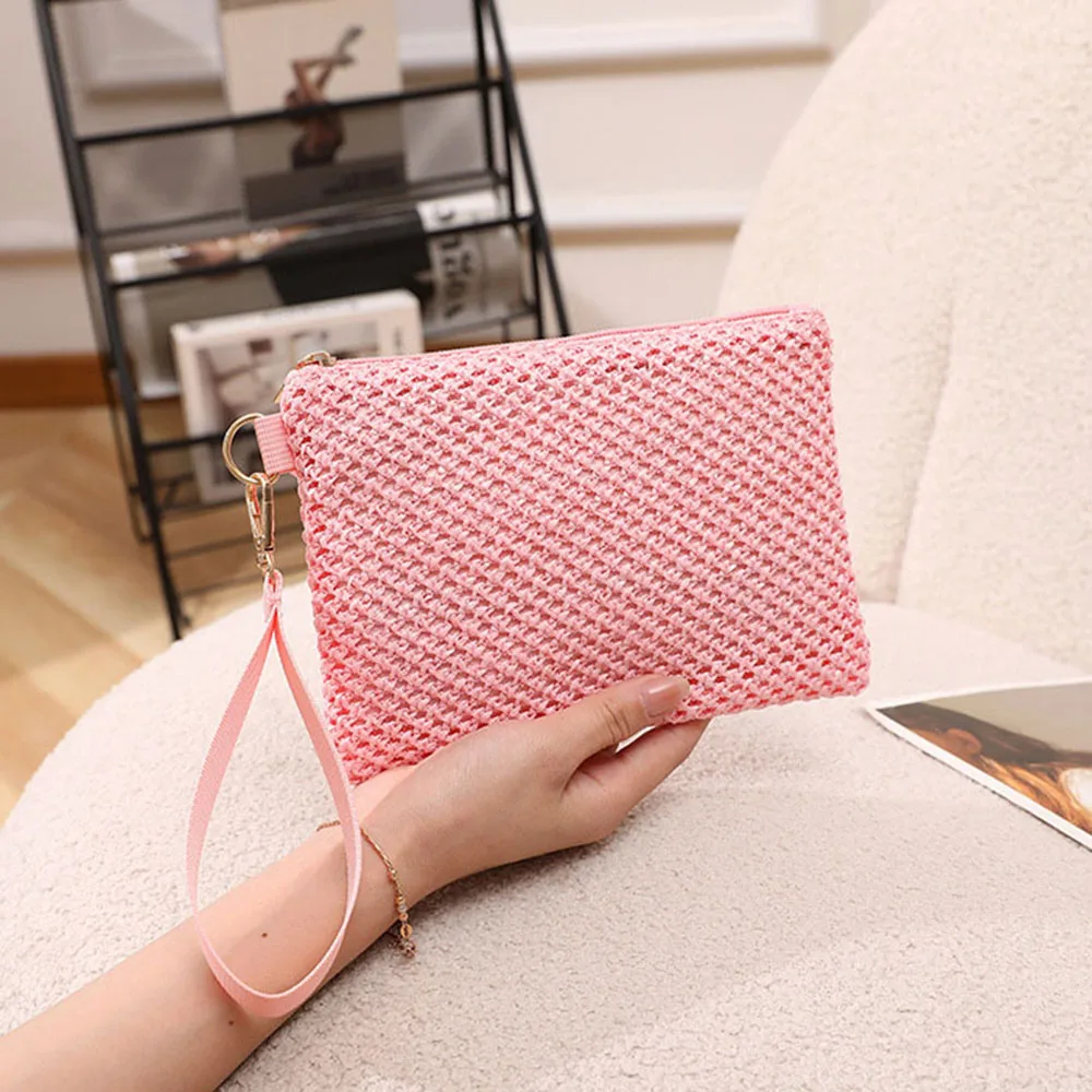 Handmade Straw Woven Clutch Bag para Mulheres, Monocromático Wristlet Bag, Phone Coin Purse, Beach Wallet, Fresco e Doce, Moda Feminina