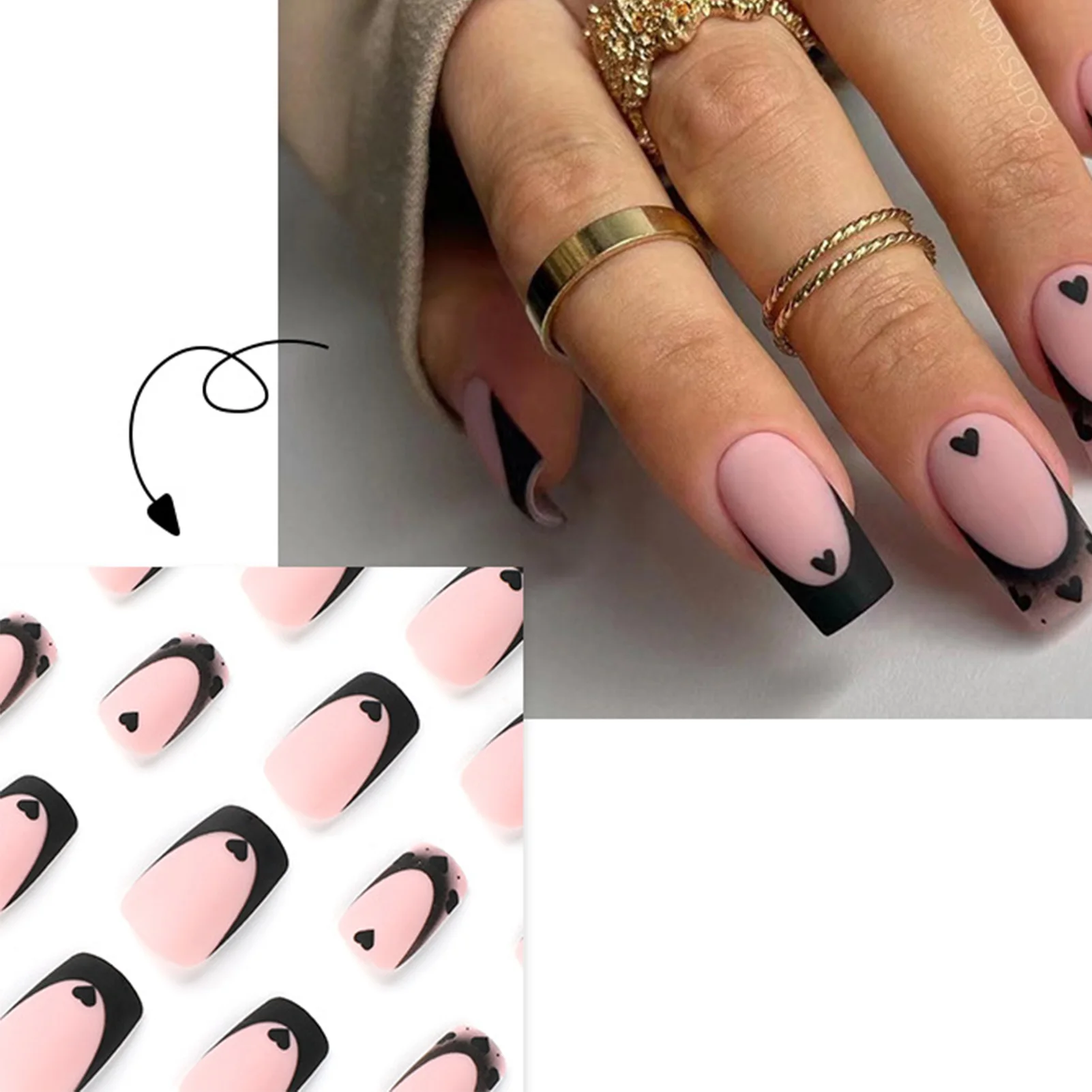 Black Heart Patterns Press-on Nails Easy To Apply No Gel Or Uv Light Needed Nails For Stage Performance Party Hand Makeup