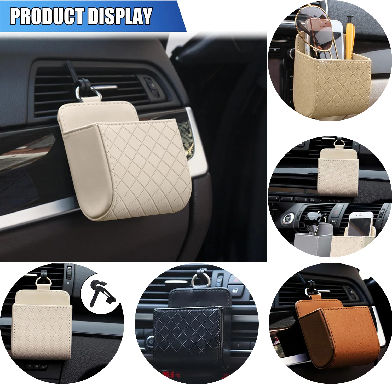

New Car Storage Bag Auto Air Outlet Debris Bag For Mobile Phone Key Sunglasses Vent Dashboard Tidy Hanging Leather Organizer Box