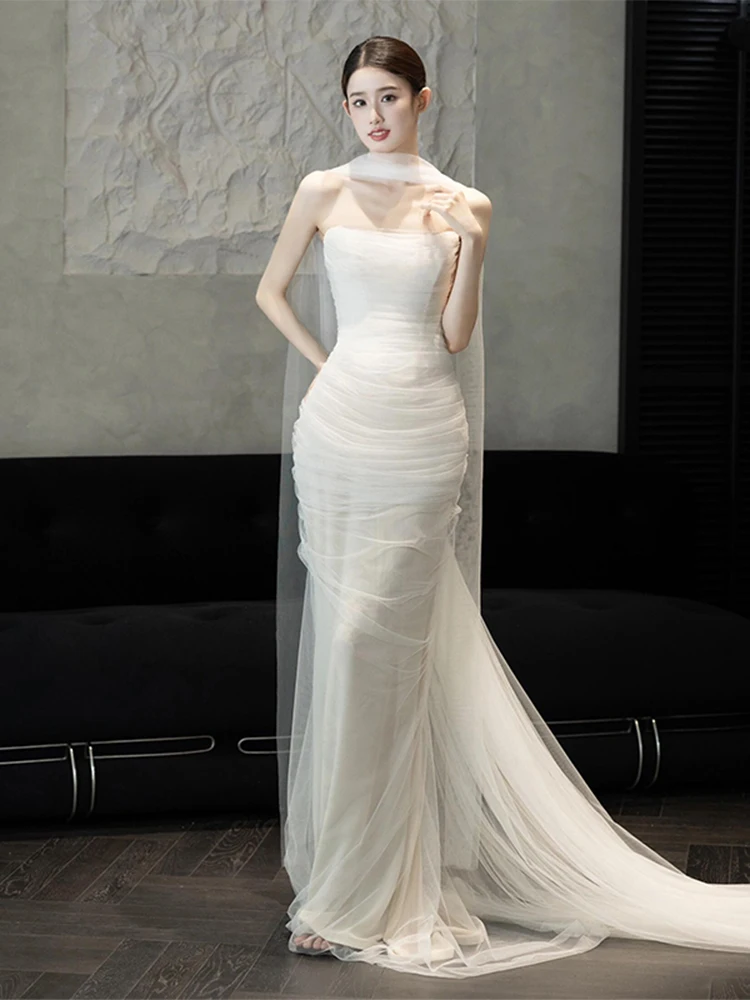 

Простое утреннее свадебное платье-халат с открытыми плечами и небольшим шлейфом для отелей и мероприятий, производство Китай