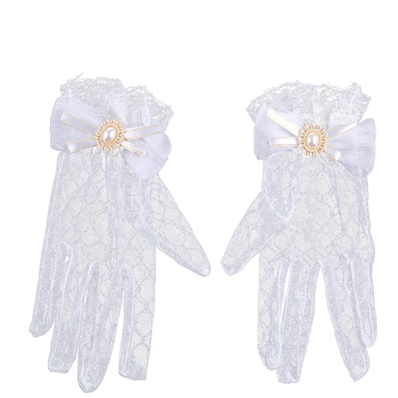 

Lace Gloves for Women Mesh Ruffle Lace Ornament Bows Pearl Cute Elegant Gloves for Wedding Dinner Cosplay Party Props