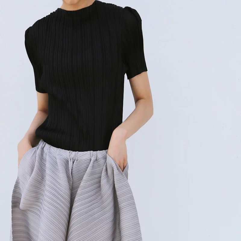 Miyake Pleated Lantern Sleeve Solid Color Tops Women Summer New High Fashion Korean Simple Casual Designer Style T-shirt
