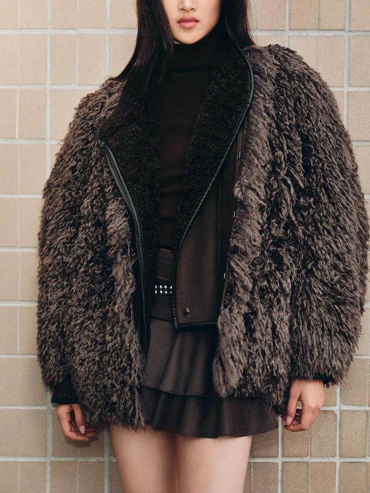 

Ele Artificial Fur Effect Jaet 2026 Spring New Arrival Women's Faion Casual Loose Fit Long Sve ort Coat