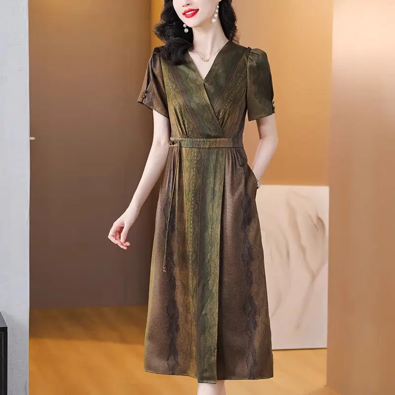 

High End V-Neck Vintage Printed Women's Summer Dress Mulberry Silk Temperament Slimming Short Sleeve Elegant Dresses Z2064