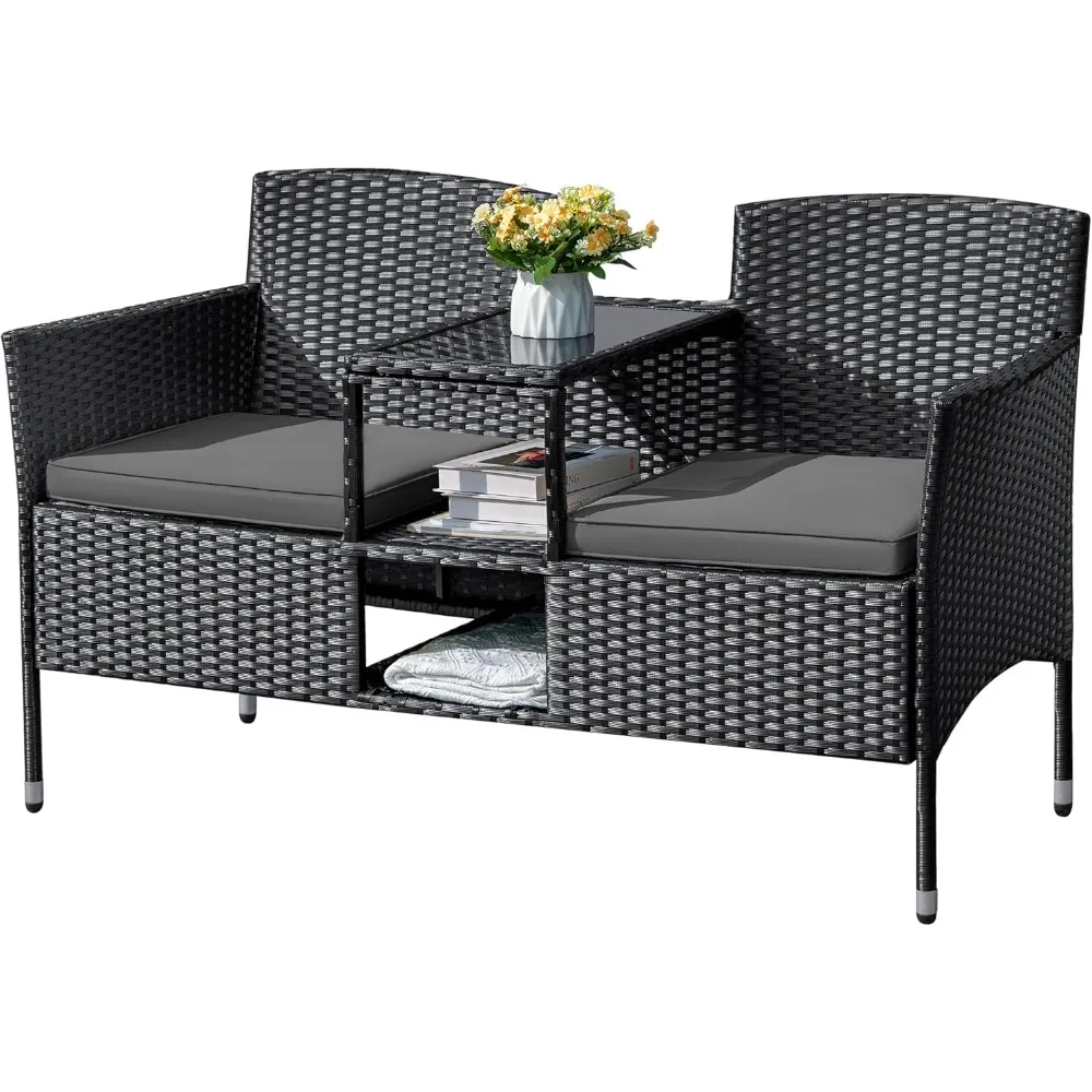 

Outdoor Furniture Patio Loveseat Wicker 2-Seat with Built-in Table and Cushions Rattan Porch Chairs Bench for Balcony, Lawn, Ba