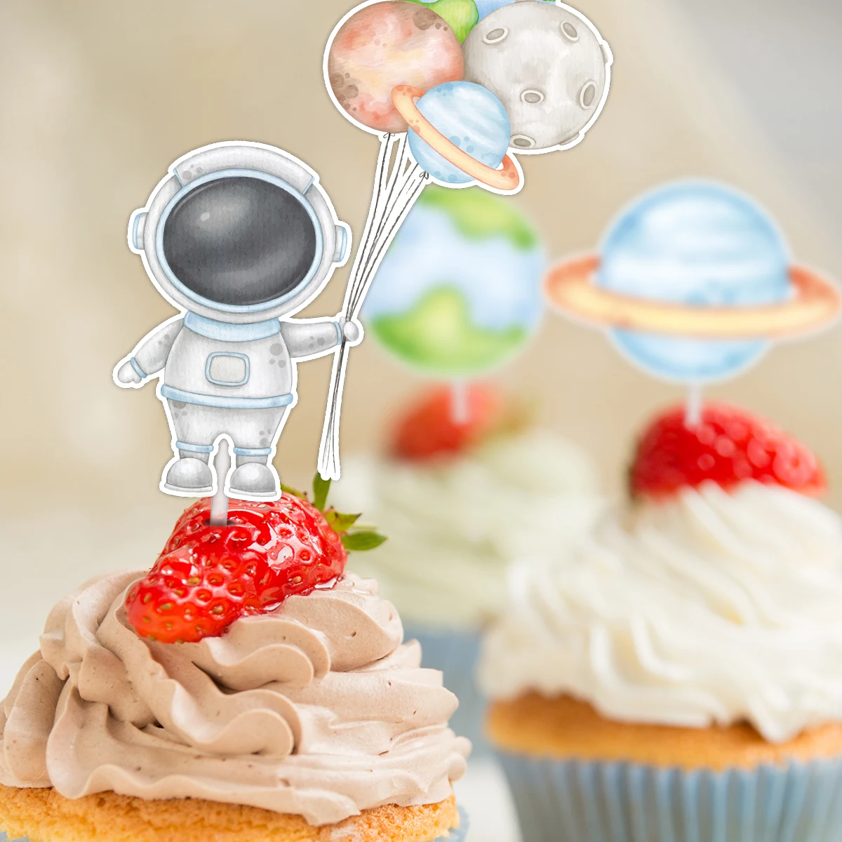 16 Stück Karton-Flugzeug-Raketen-Kuchenaufsätze, Aquarell-Astronauten-Papier-Cupcake-Aufsatz für den Weltraum des Jungen, Geburtstagsfeier-Dekoration – Detail 2