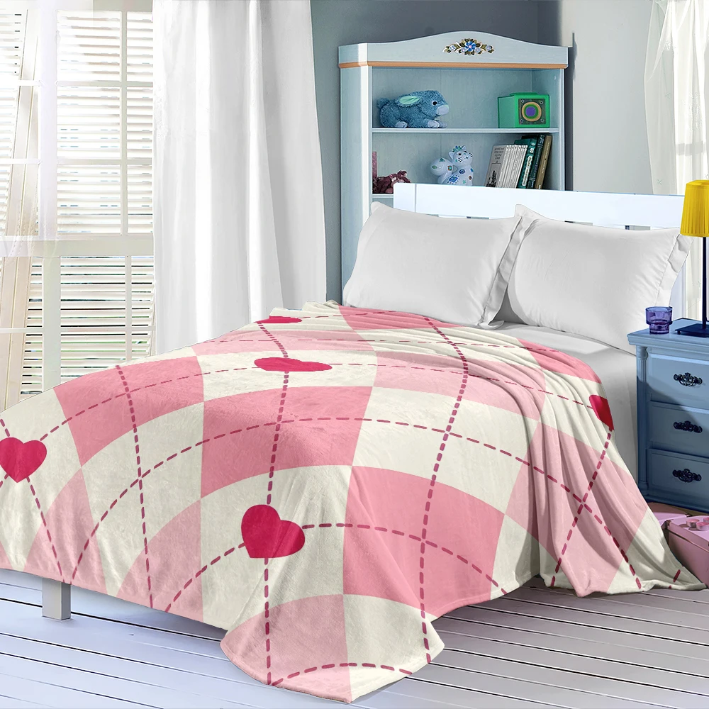 Pink Argyle Red Hearts Flannel Blanket Perfect For Sofa Office Bed Travel Sleep Read Relax Camping Four Season Use