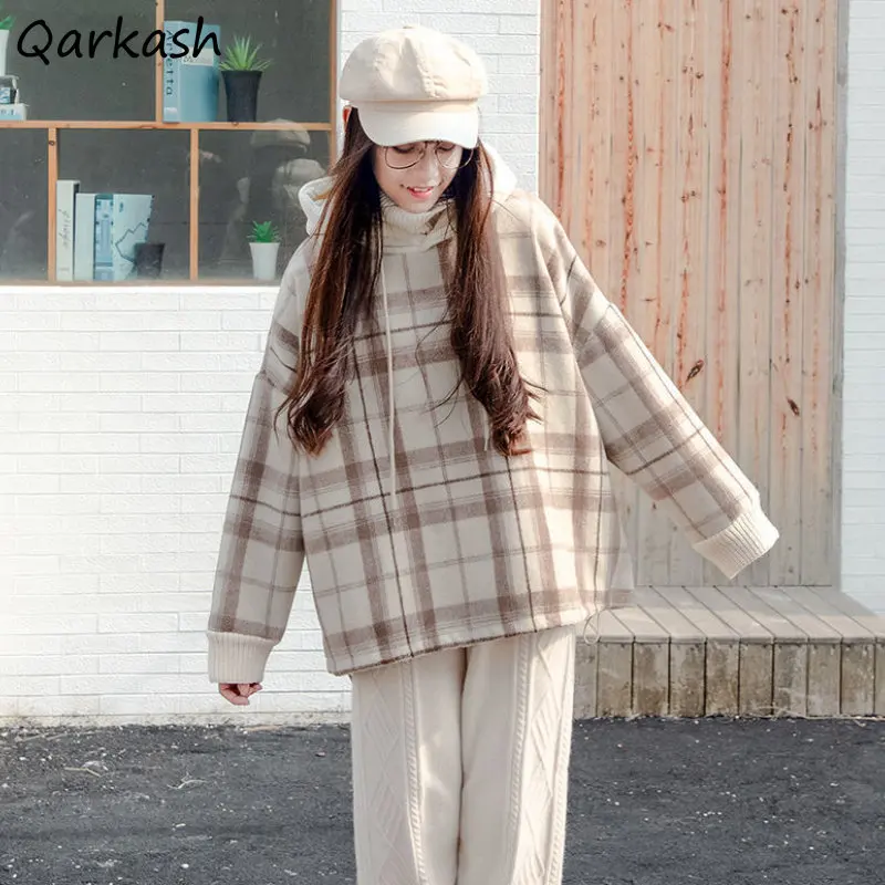 

Fake Two Pieces Plaid Hoodies with Hat Women Young Casual Ulzzang Chic Schoolgirl Retro Baggy Thick All-match Harajuku Simple