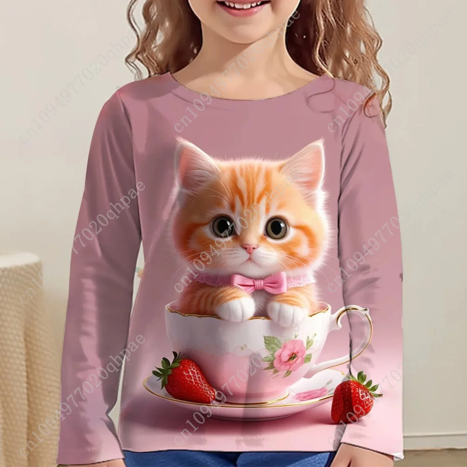 ملابس الأطفال فتاة تي شيرت علوي طويل الأكمام الأطفال تي شيرت لطيف القط طباعة عادية الاطفال الصيف الخريف ملابس فتاة الملابس
