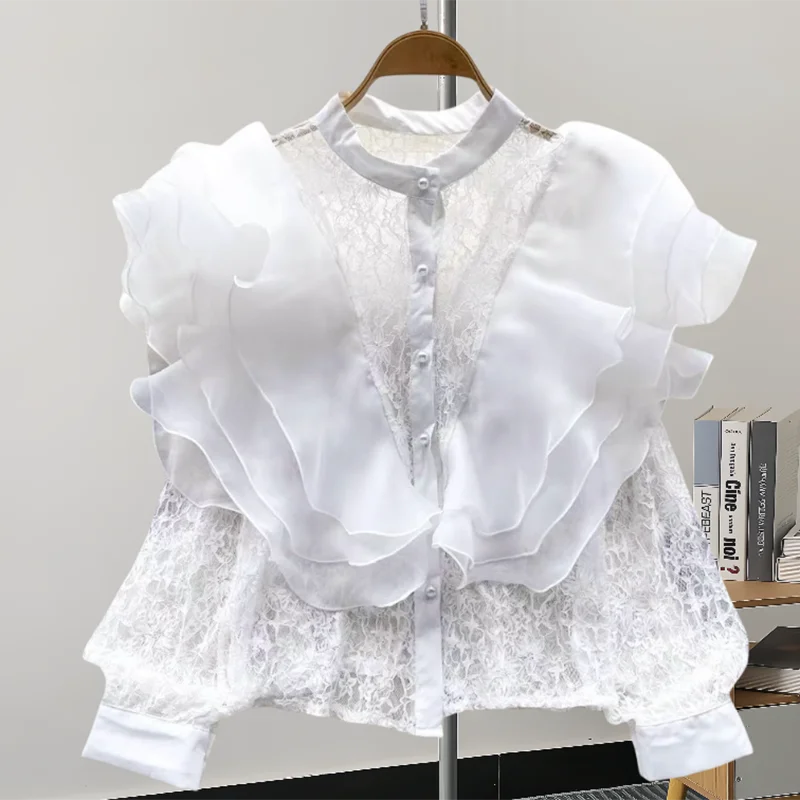 GVUW Gauze Women Shirt Fashion Ruffles Full Sleeve Stand Collar Single Breasted Solid Color New 2024 Fashion Shirts 17G7774