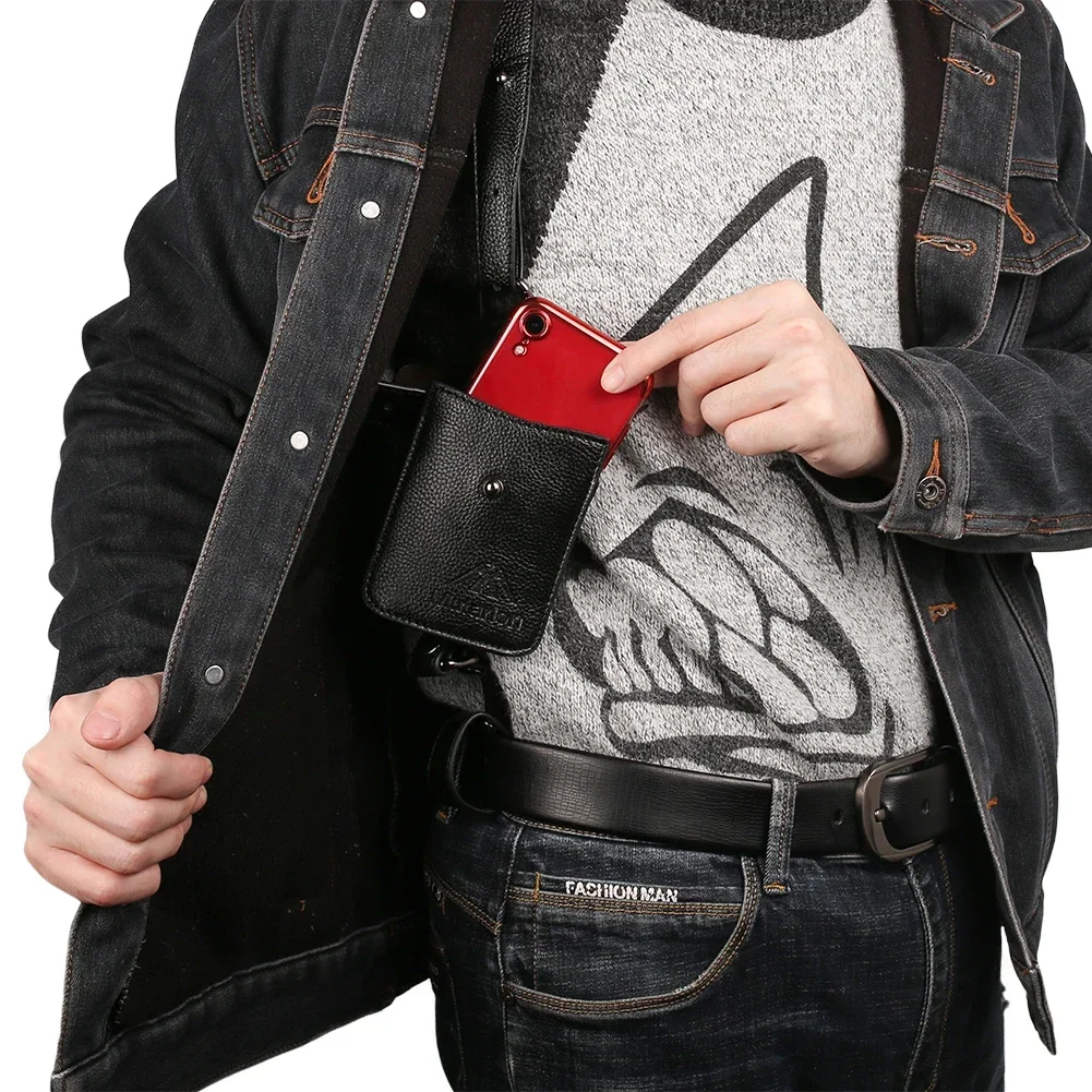 Bolso antirrobo de cuero genuino portátil para hombre, funda oculta para las axilas, funda para teléfono, billetera para tarjetas, llavero de bolsillo, accesorios de viaje