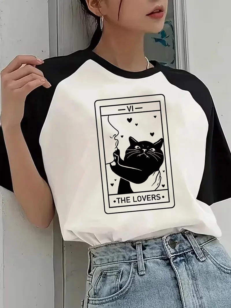 

Black Cat with Hearts Design Casual T Shirt Women's Tarot Cat Graphic T-Shirt with The Lovers Print Graphic Y2k Tshirt Clothes