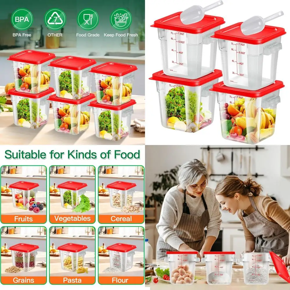 

Набор из 4 квадратных прозрачных контейнеров для хранения продуктов объемом 8 кварт с крышками, ручками и мерной шкалой для домашней кухни (красный)