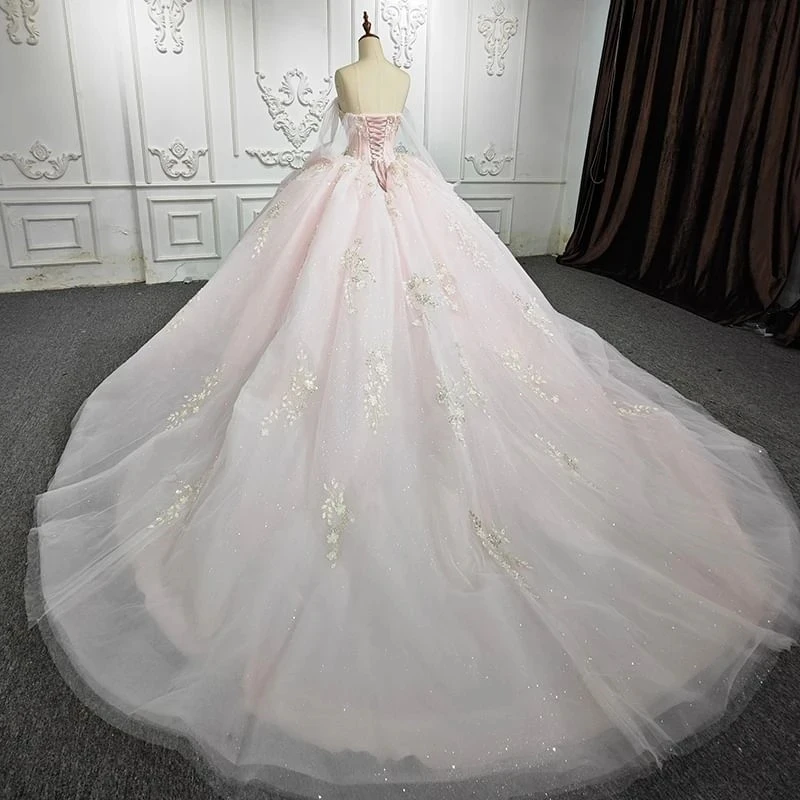 Pink Shiny Quinceanera Dress Ball Gown Off Shoulder Appliques Lace Beaded Tull Mexican Sweet 16 Vestidos De 15 Años