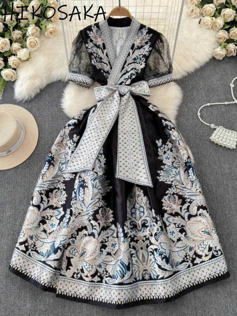 

V-neck Lace-up Slim Waist Dress Women Mesh Puff Short Sleeve Summer Vestidos 2024 New Vintage Printed Embroidery Panelled Robe