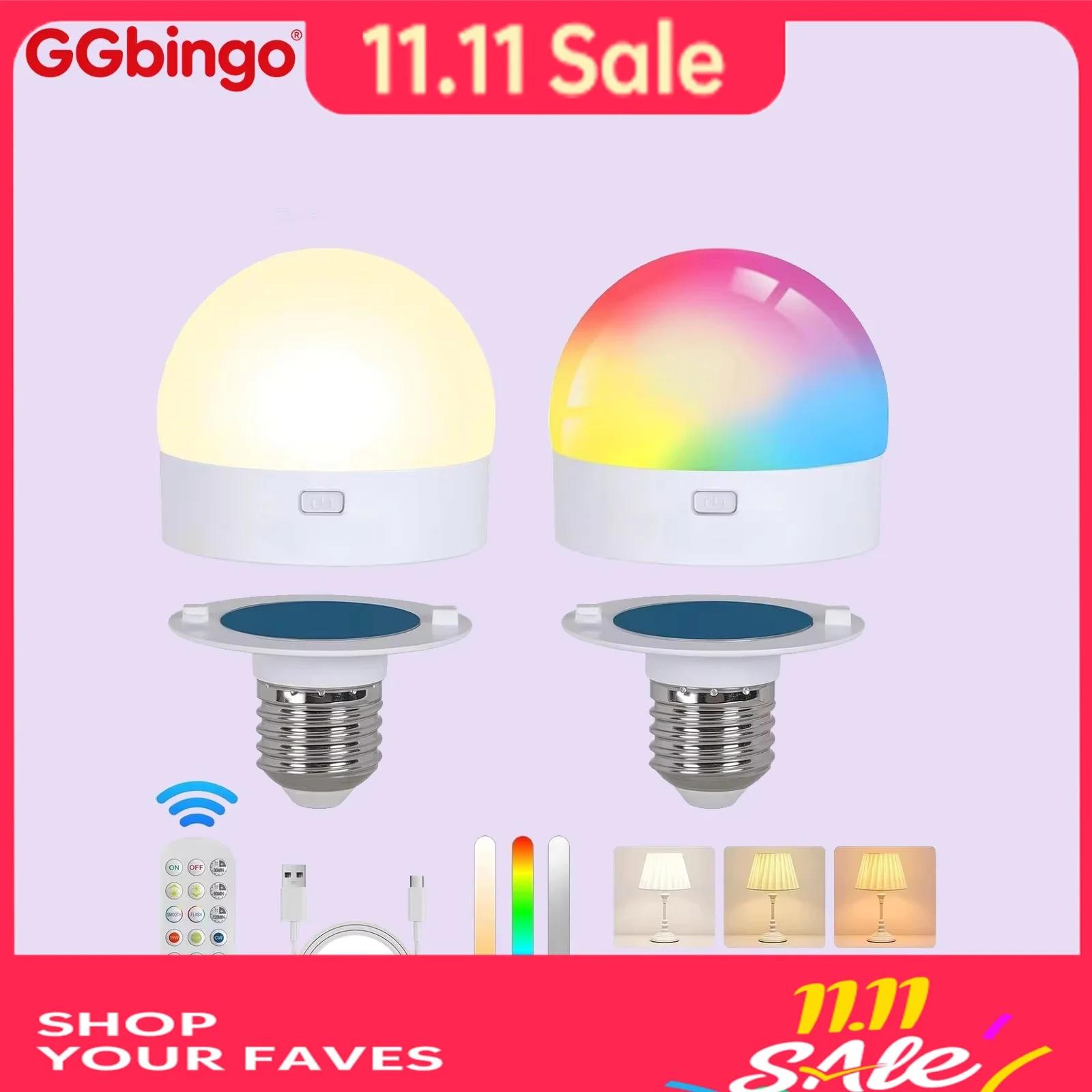 GGbingo E27 LED Light Bulb RGB USB Rechargeable 5V Charging Smart Remote Control Camping Equipment Party For Home LED Lamp