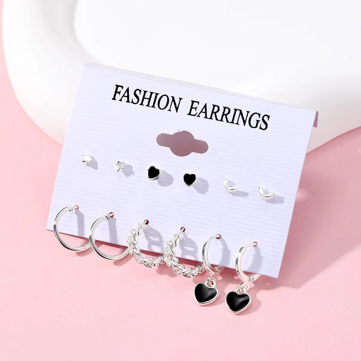 6 Pairs Korean Fashion Metal Start Heart Circle Small Earrings For Women Trend Black Heart Enamel Earrings Sweet Jewelry