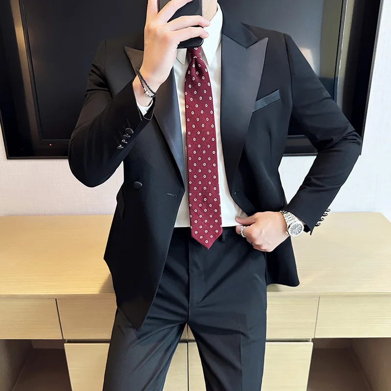 High Quality Wedding Dress Suit Set Men British Style Splicing Casual Business Suit Office Work Party Prom 2 Pieces Suits 2025