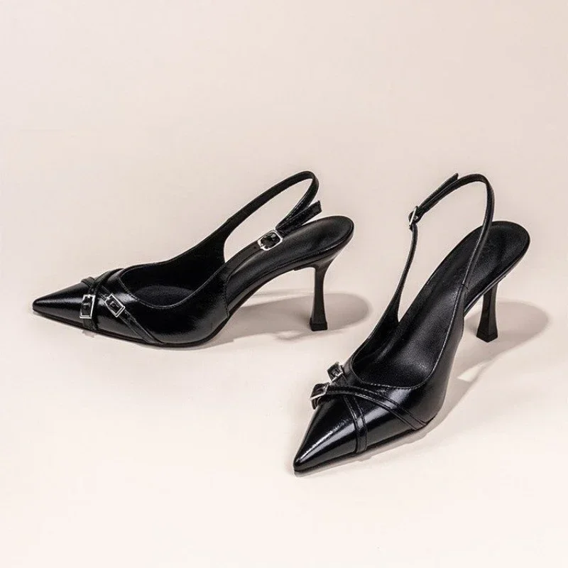 

Fashionable Pointed Toe Shallow Mouth New High-heeled Shoes Summer Elegant Buckle Decorated Stiletto Black Women's Shoes NO:602