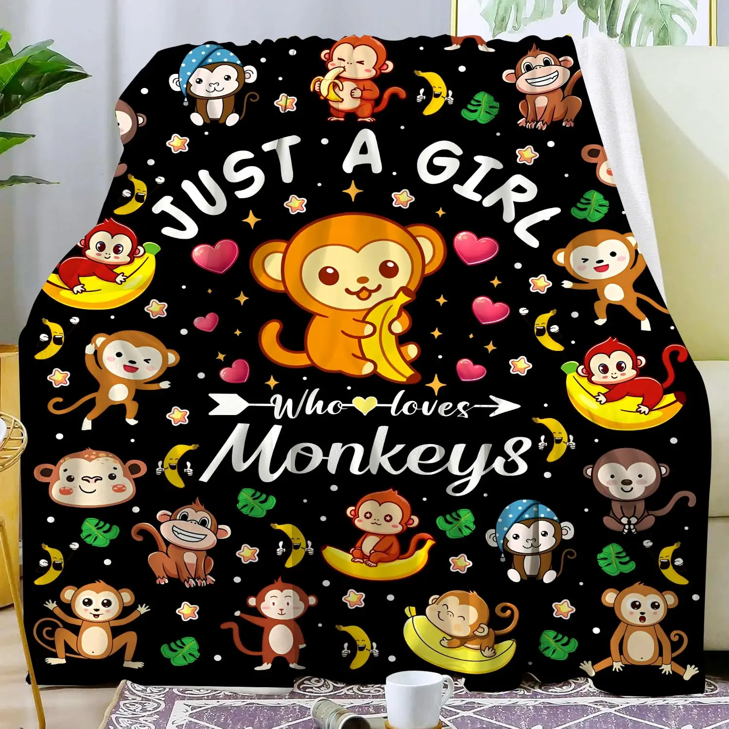 Cute Monkey Banana Blanket Cartoon Animal Pattern Monkeys Stuff Blankets and Throws Monkey Gifts for Girls Kids Women Adults
