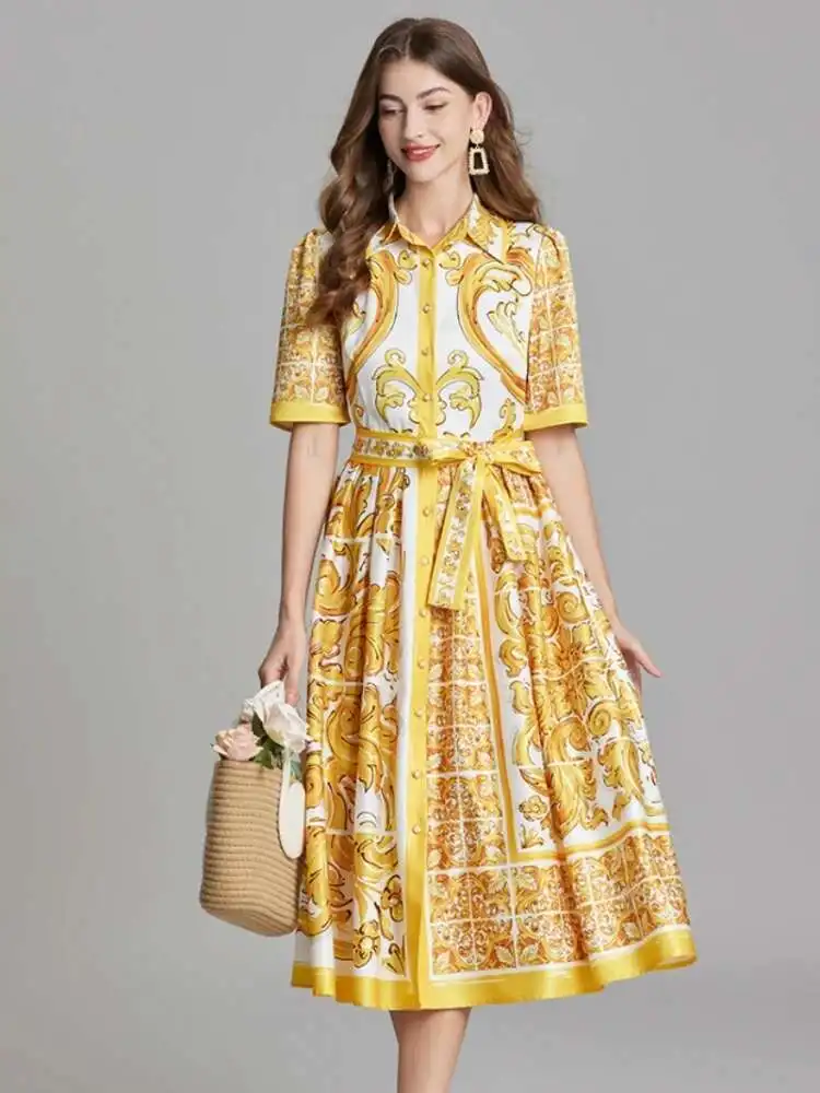 Summer Holiday giallo bianco porcellana stampa camicia dorata abito donna manica corta perle bottoni cintura stringata Midi Party Robe