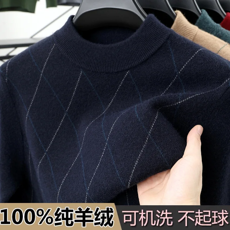 100% Pure Cashmere Men Half Turtleneck Winter New Thickened For Middle-Aged Dad Plaid Wool