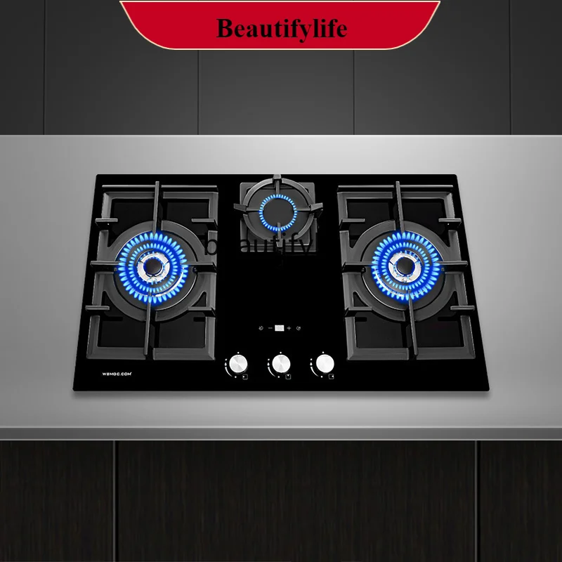 

E132 Large panel three-eye timing tempered glass export stainless steel household gas stove imported burner