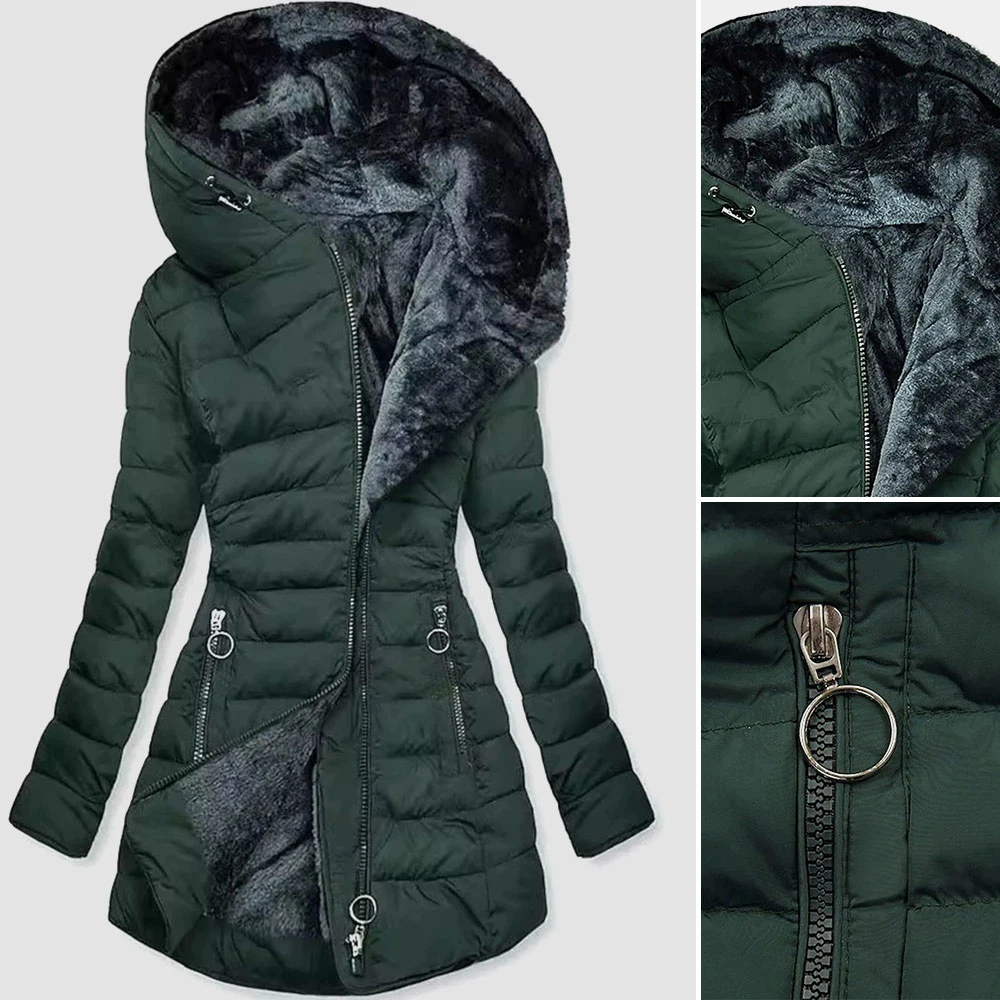 

Mia Muse Boutique, женские зимние пуховики 2025 года, облегающие стеганые пуховики с отделкой из искусственного меха, капюшон, повседневные пуховики с длинными рукавами