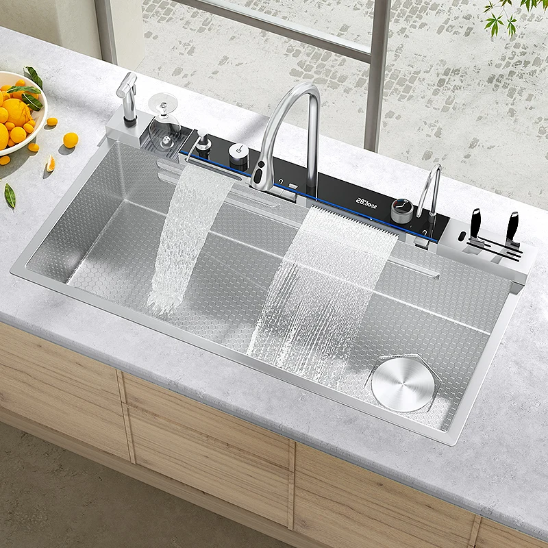 Stainless Steel Waterfall Kitchen Sink Extra Large Single Slot Digital Display Faucet Set Cup Washer Wash Basin 100*50cm