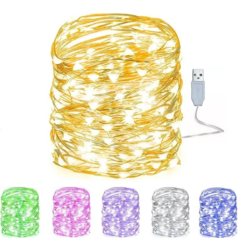 10/20M USB LED String Lights Copper Silver Wire Garland Light Wodoodporne lampki świąteczne na świąteczne dekoracje weselne