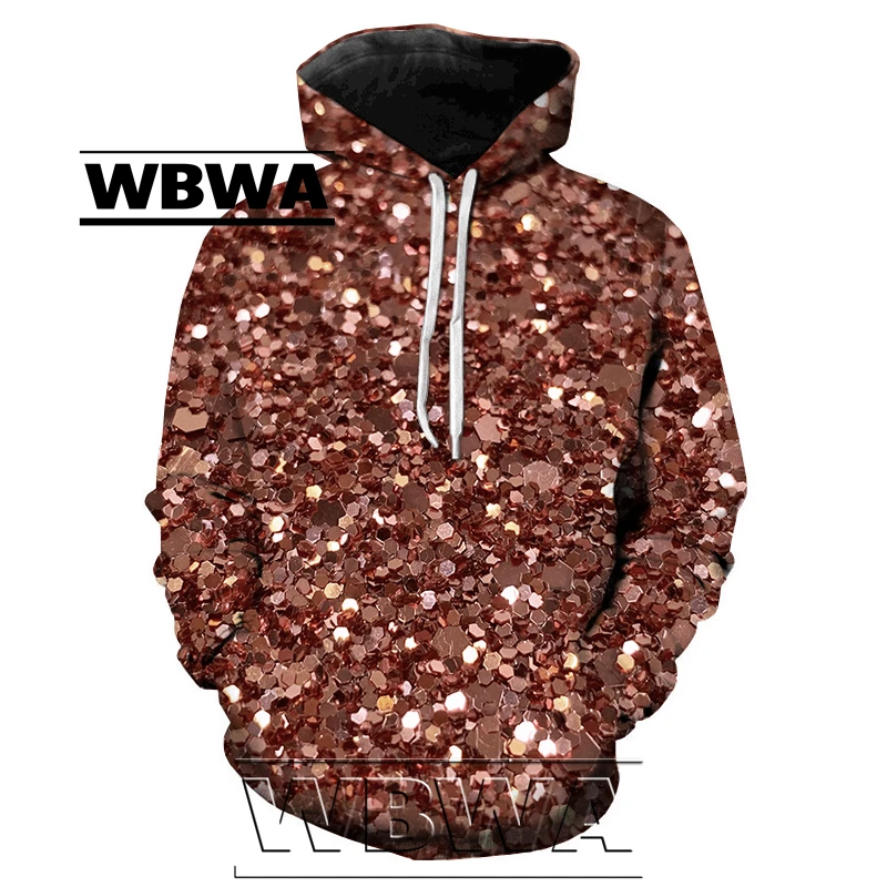 WBWA New Men T-shirt Sequin Glitter Printed 3D Hoodies Fashion Comfortable Sweatshirts Casual Hooded Pullover Oversized Tops