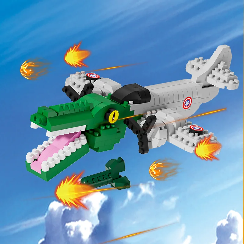 Bouwsteenset met krokodillen-, haai- en houten stokfiguren; Creatieve bouwsteenornamenten; Geschikt voor geschenken en displays