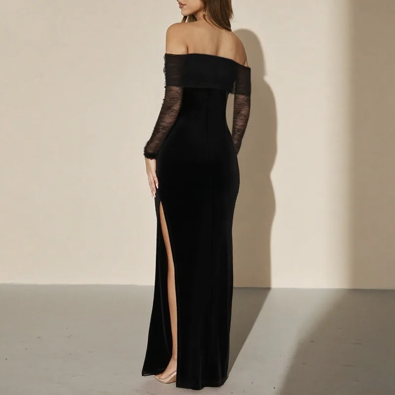 ZX25251 Design con spacco sulle maniche in pizzo per le donne Abito lungo slim fit sexy leggermente trasparente stile puro desiderio