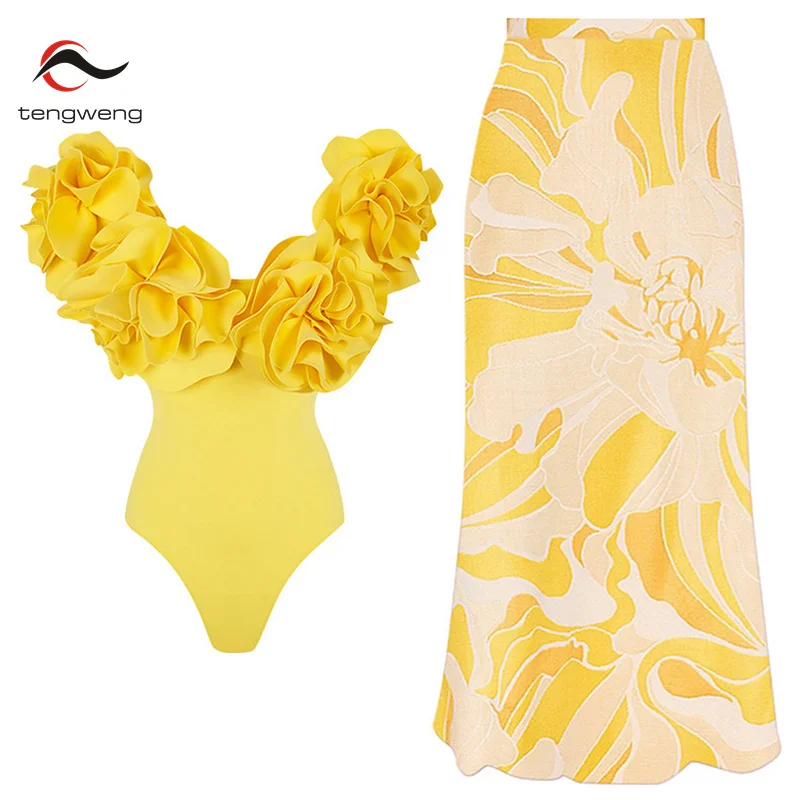 Conjunto de Bikini Sexy para mujer, traje de baño de cintura alta con hombros descubiertos, traje de baño con falda estampada, Bikini brasileño, ropa de playa 2024