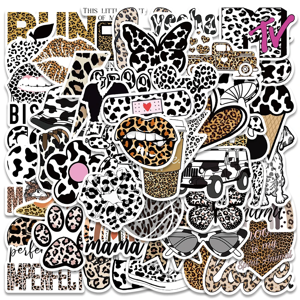 Retro Cartoon preto e branco Leopard Print Adesivos, à prova d\'água, decalques para laptop, guitarra, telefone, grafite, bicicleta, carro, 50pcs