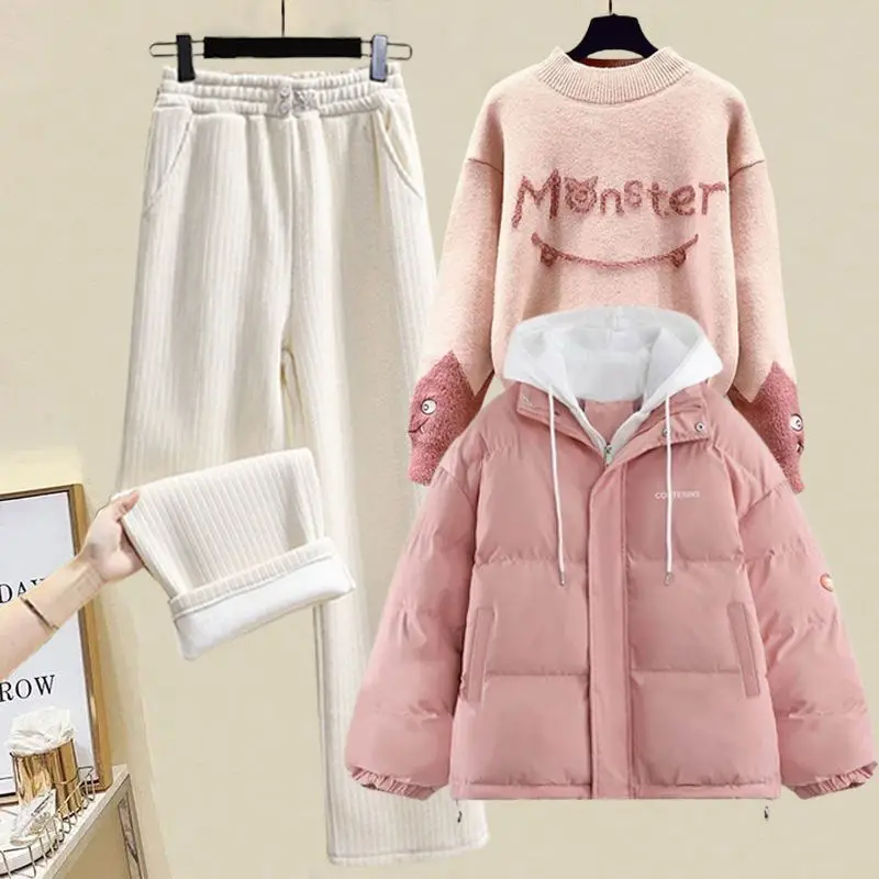 Korean Style Plush and Thick Cotton Jacket Hoodie Knit Sweater Pullover Casual Wide Legged Pants Elegant Women\'s Three Piece Age