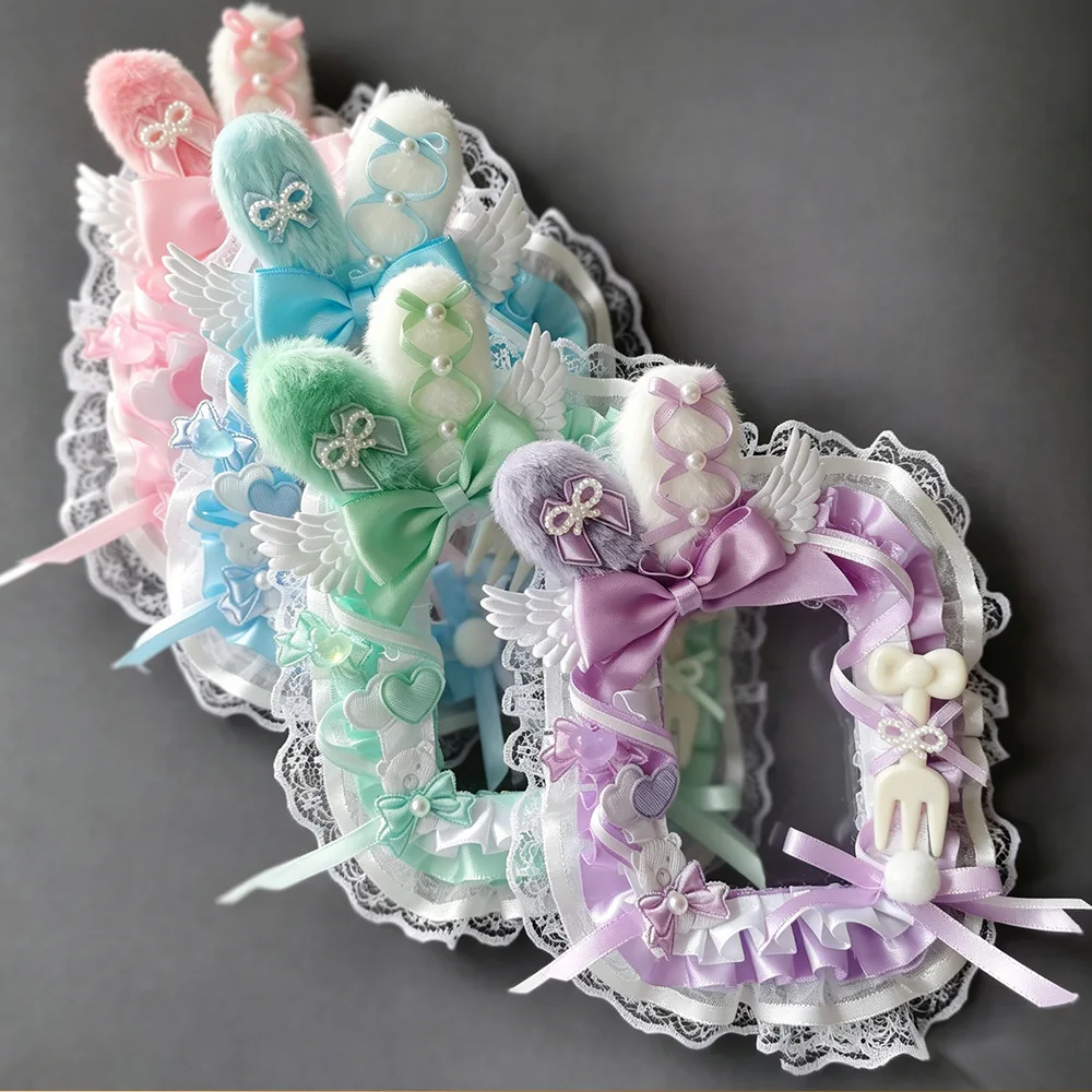Sweet Lolita Badge Holder with Bunny Ears & Angel Wings, Kawaii Lace Bow Brooch Protector for 58mm Collectible Pins