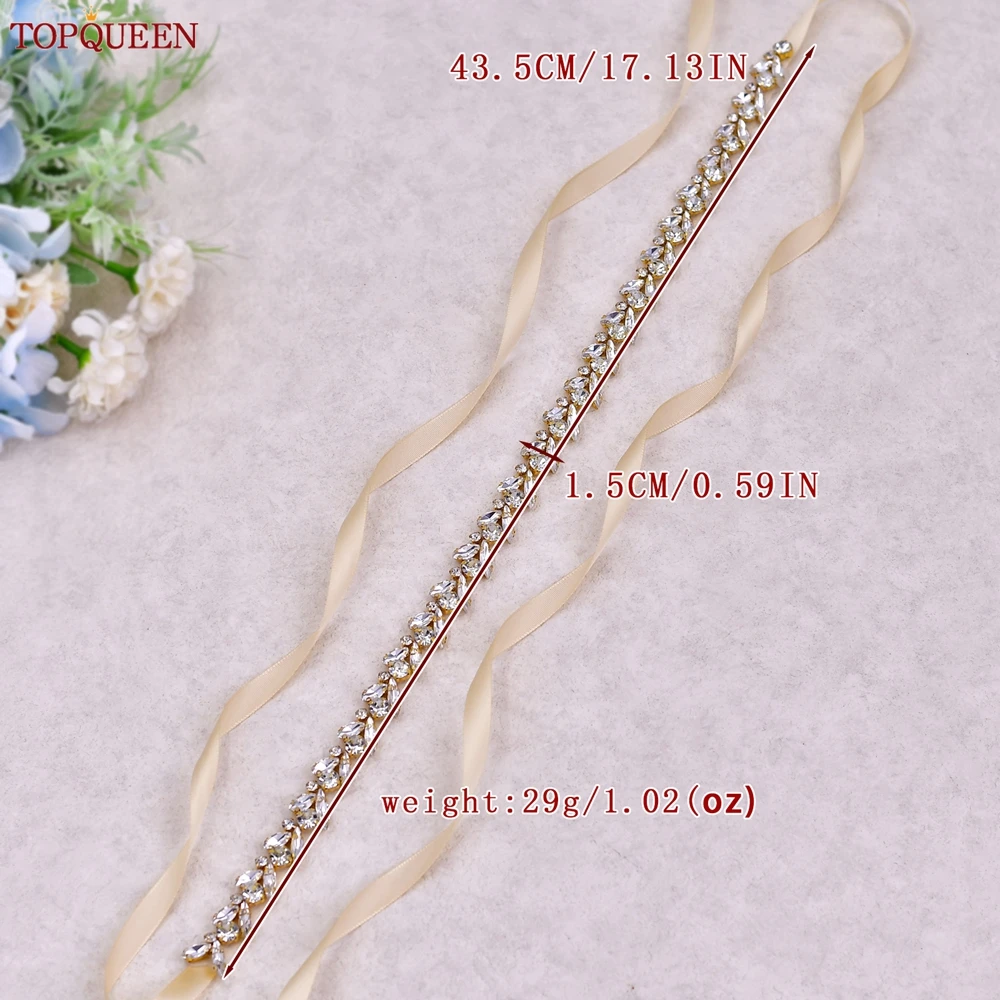 TOPQUEEN Affordable Gold Wedding Belt Long Diamond Bridal Thin Sash Handmade Bridesmaid Waist Chain Wedding Accessories S468