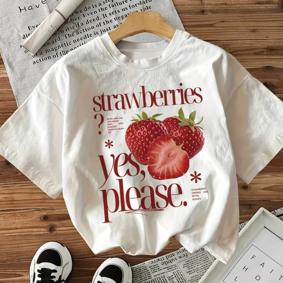 Image of Retro Erdbeer-Frucht-Grafik T-Shirt für Männer und Frauen, Lässiges Kurzarm-Shirt mit Vintage-Schriftzug-Druck, Ästhetisches Unisex-Streetwear-Oberteil