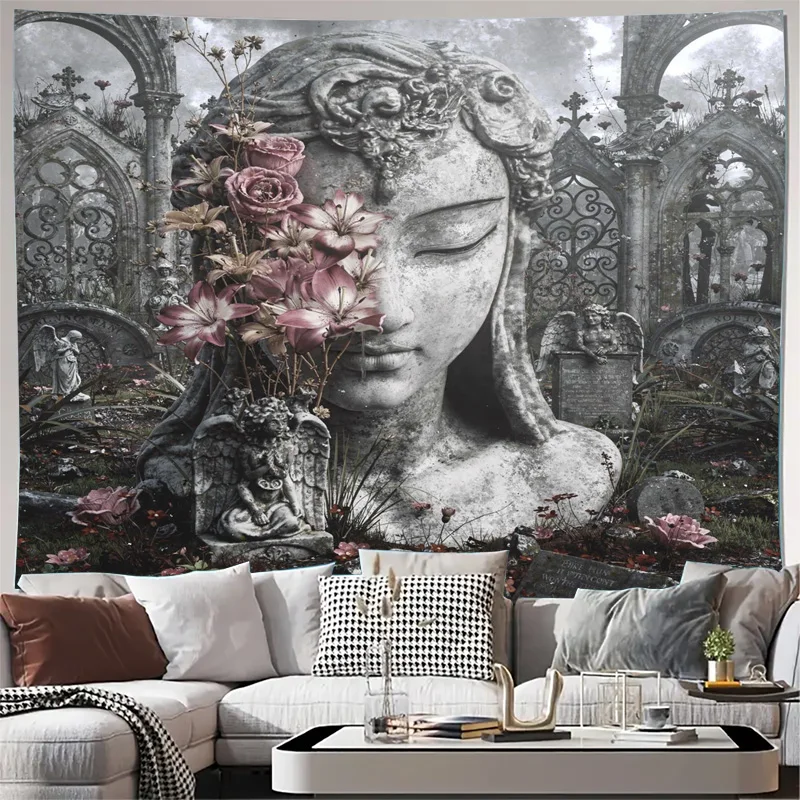Large Goddess Portrait Tapestry Bohemian Boho Wall Hanging Mural Art Renaissance Vintage Floral Print Gothic Aesthetic Decor for
