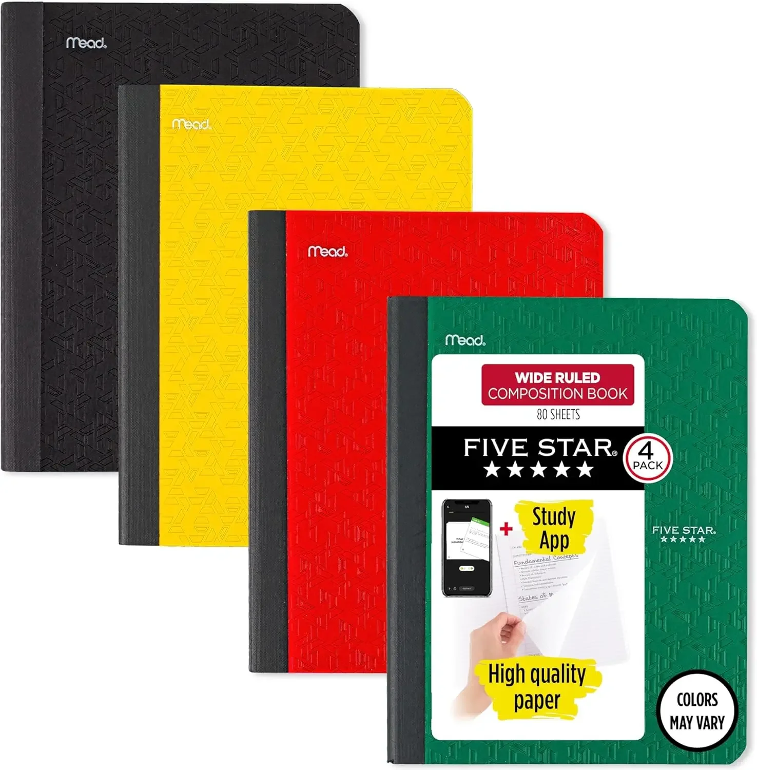 

4-Pack Wide Ruled Composition Notebooks With Study App: 80 Sheets In Green, Blue, Red, Yellow